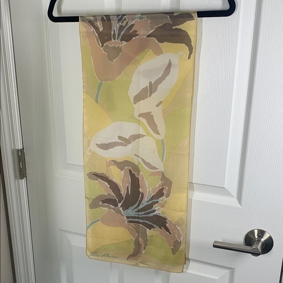 Anne Klein sheer silk scarf yellow floral print - Picture 2 of 5